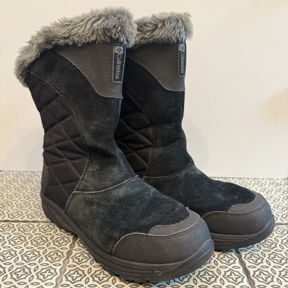 Columbia Ice Maiden Women's Suede Winter Snow Boots Black Faux Fur Womens Size 9